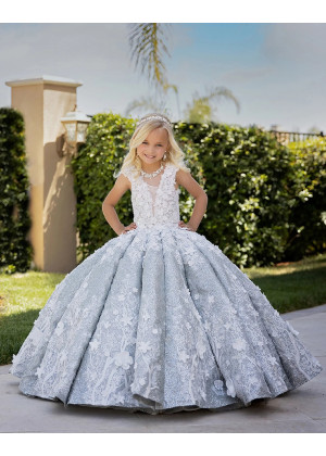 Stunning Beaded Ivory Lace Floral Appliques Sparkly Flower Girl Dress